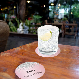 Dessous De Verre Rond Parties scintillant rose argent gouttes nom annive