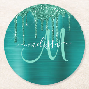Dessous De Verre Rond Parties scintillant Turquoise à goutte broyée Mo