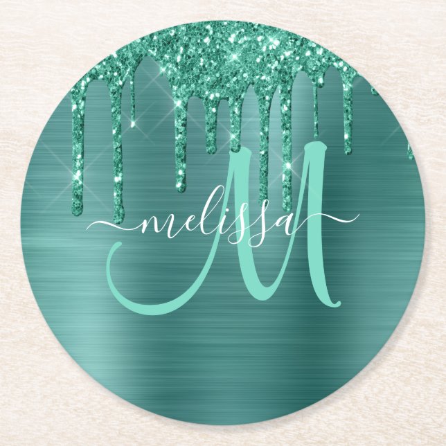 Dessous De Verre Rond Parties scintillant Turquoise de goutte broyée Mon (Devant)