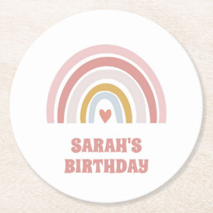 Dessous De Verre Rond pastel arc-en-ciel rose avec anniversaire de coeur