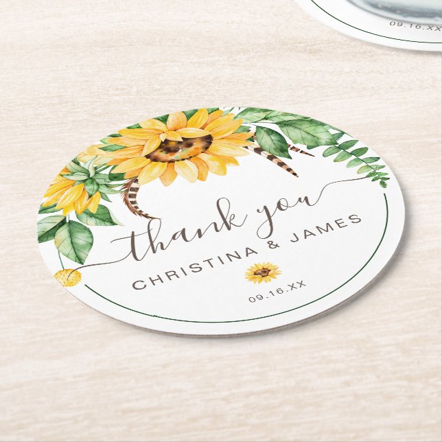 Dessous De Verre Rond Pays Merci tournesol mariage Faveur (Incliné)