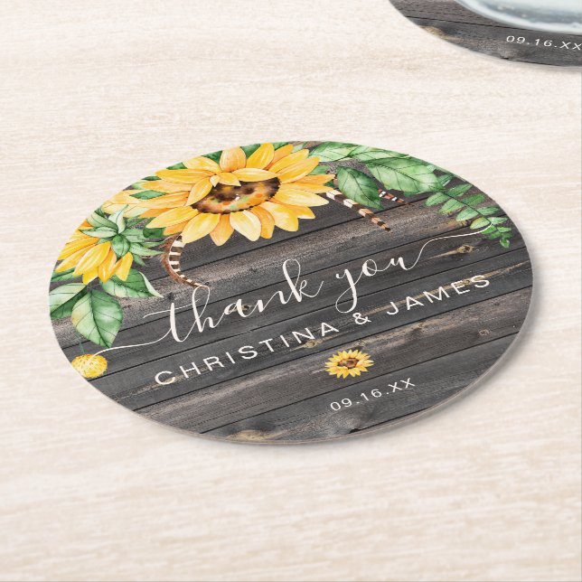 Dessous De Verre Rond Pays rustique Merci tournesol mariage Faveur (Incliné)