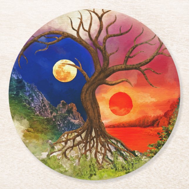Dessous De Verre Rond Paysage de Yin Yang Tree (Devant)