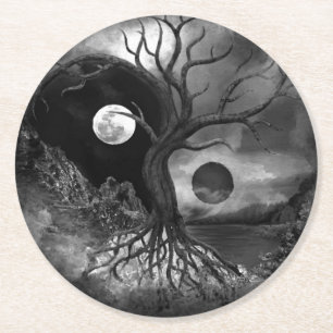 Dessous De Verre Rond Paysage de Yin Yang Tree noir et blanc