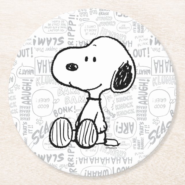 Dessous De Verre Rond PEANUTS | Snoopy on Black White Comics (Devant)