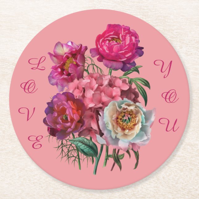 Dessous De Verre Rond Peonies et jardin aux fleurs d'Hydrangea (Devant)