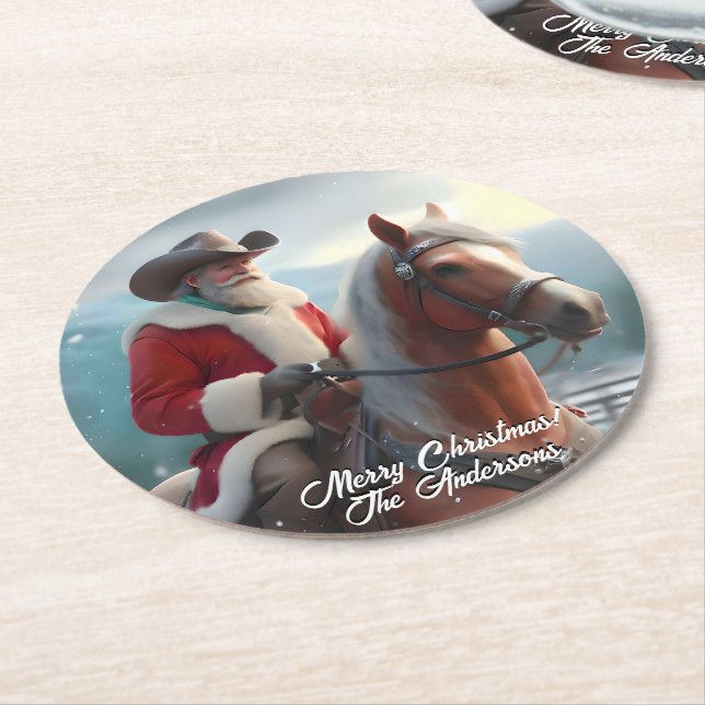 Dessous De Verre Rond Père Noël équitation Noël occidental (Incliné)