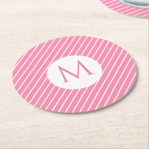 Dessous De Verre Rond Personnalisé rose blanc rayures tendance Monogramm