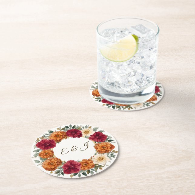 Dessous De Verre Rond Personnalisé Rustic Fall Floral Mariage (En situation)