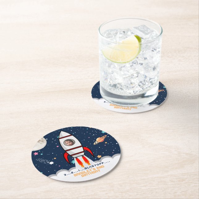 Dessous De Verre Rond Photo du 2e anniversaire du Moon Rocket Ship (En situation)