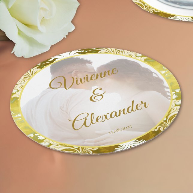 Dessous De Verre Rond Photo Retro Gold Green Mariage damassé (Créateur téléchargé)