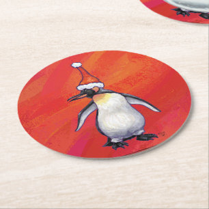 Dessous De Verre Rond Pingouin à Santa Hat en rouge