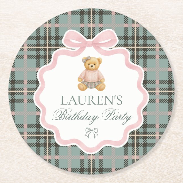 Dessous De Verre Rond Pink Coquette Bow Bear Plaid Birthday  (Devant)