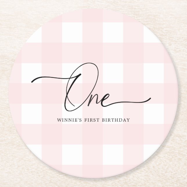 Dessous De Verre Rond Pink En vichy premier anniversaire Dessous de verr (Devant)