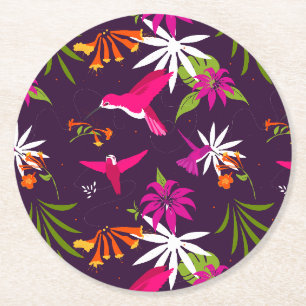 Dessous De Verre Rond Pink Purple Joli Motif Tropical Colibri