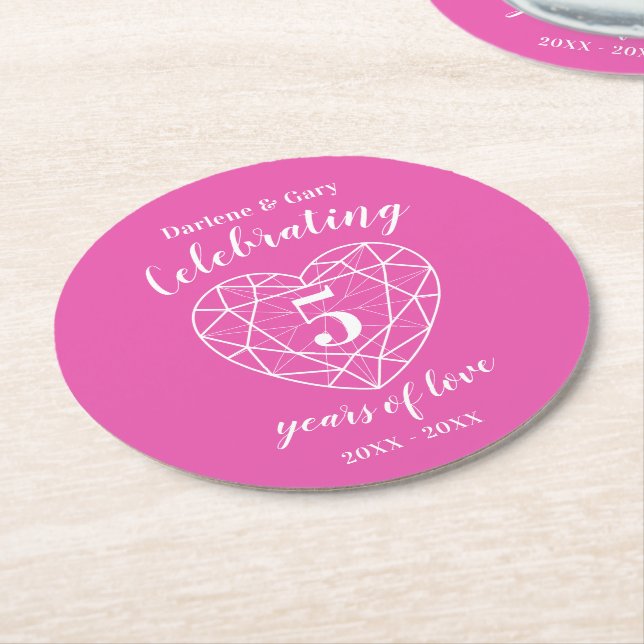 Dessous De Verre Rond Pink Tourmaline anniversaire 5 ans d'amour (Incliné)