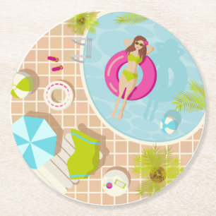 Dessous De Verre Rond Piscine fille en bikini plage d'été