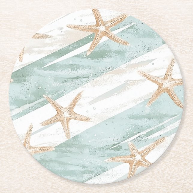 Dessous De Verre Rond Plage Aqua Mint Starfish Stripes Mariage (Devant)