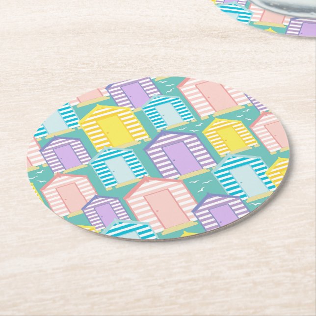Dessous De Verre Rond Plage Bancaire Pastel Regroupée Hut Motif Côtier (Incliné)