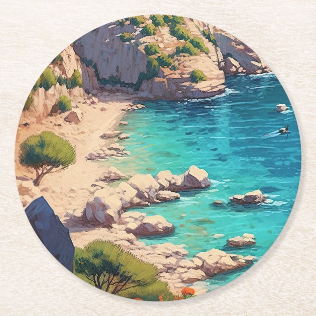 Dessous De Verre Rond Plage en Grèce  (Devant)