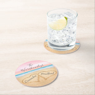 Dessous De Verre Rond Plage violet rose vif Mariage 2 Coeurs dans le sab