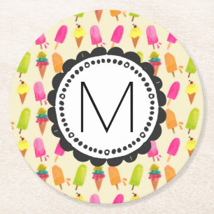 Dessous De Verre Rond Popsicles et crème glacée Monogramme personnalisé
