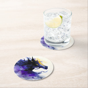 Dessous De Verre Rond Portrait abstrait aquarelle cheval noir