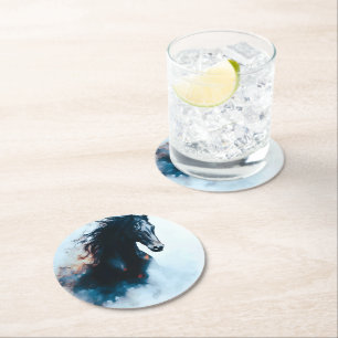Dessous De Verre Rond Portrait minimaliste de cheval noir de course