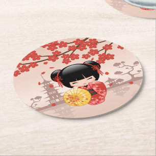 Dessous De Verre Rond Poupée rouge Sakura Kokeshi - Geisha japonais