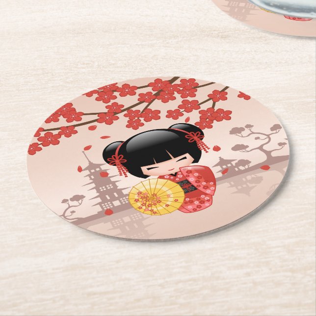 Dessous De Verre Rond Poupée rouge Sakura Kokeshi - Geisha japonais (Incliné)