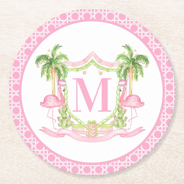 Dessous De Verre Rond Preppy Flamingo Christmas Crest (Devant)