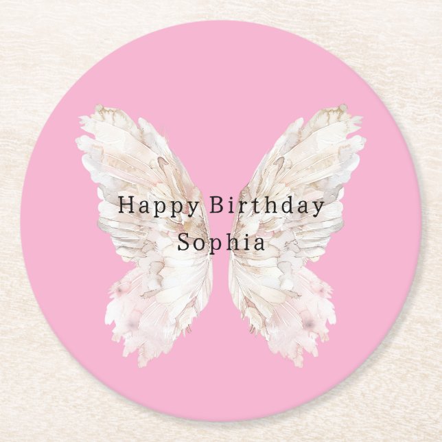 Dessous De Verre Rond Pretty Girly Pink Butterfly Wings Birthday (Devant)