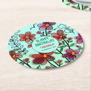 DESSOUS DE VERRE ROND PRINTEMPS UNIQUE ROUGE DOODLE FLEURS ANNIVERSAIRE