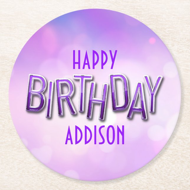 Dessous De Verre Rond Purple Pink Bokeh Anniversaire (Devant)