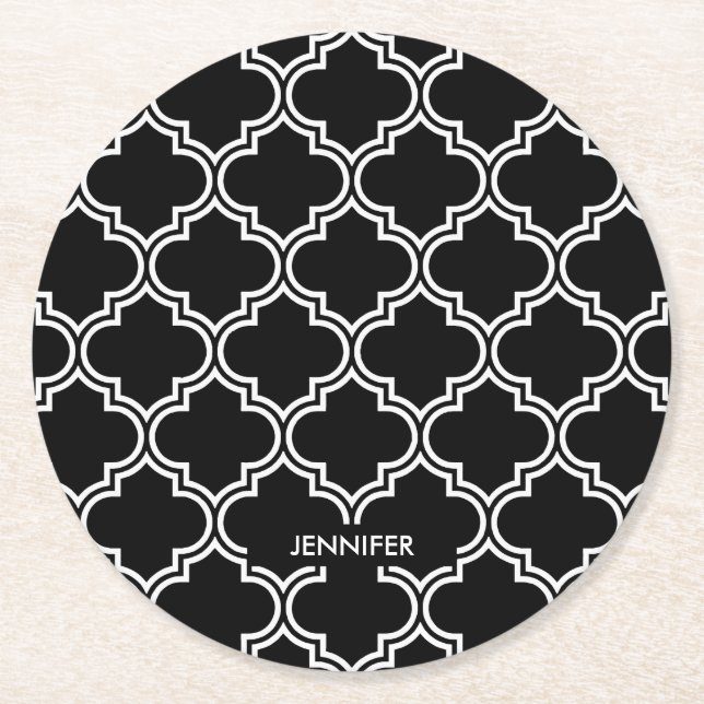 Dessous De Verre Rond Quatrefoil noir et blanc (Devant)