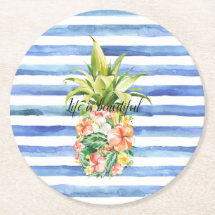 Dessous De Verre Rond Rayures Blanches Bleues Fleur Tropicale Ananas