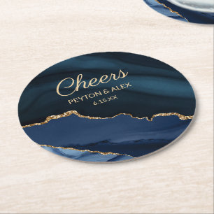 Dessous De Verre Rond Réception de mariage en agate marbrée bleu marine 