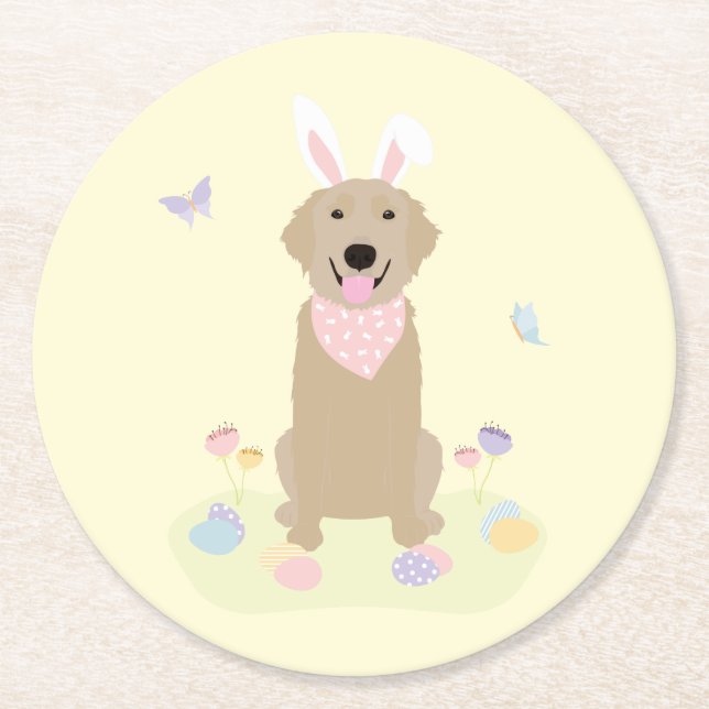 Dessous De Verre Rond Retriever doré Bunny de Pâques (Devant)