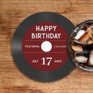 Dessous De Verre Rond Retro Red Vinyl Record Noir Bonne fête d'anniversa