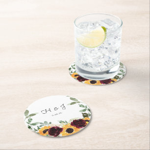 Dessous De Verre Rond Rose de tournesol Eucalyptus Monogram Mariage