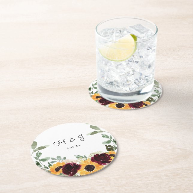 Dessous De Verre Rond Rose de tournesol Eucalyptus Monogram Mariage (En situation)