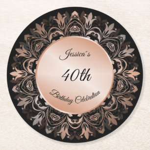 Dessous De Verre Rond Rose Gold Black Floral Mandala 