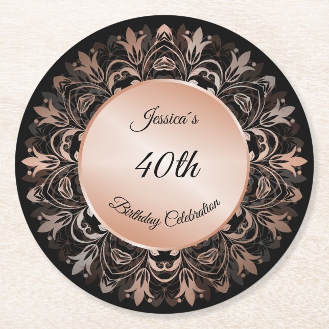 Dessous De Verre Rond Rose Gold Black Floral Mandala  (Devant)