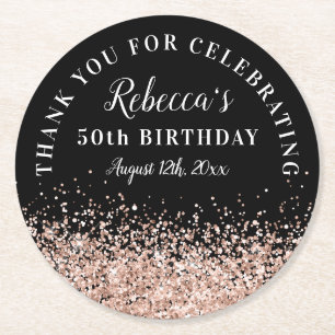 Dessous De Verre Rond Rose Gold et Black 50e anniversaire Merci Favor