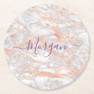 Dessous De Verre Rond Rose Gold & Marbre blanc, Purple Script Nom
