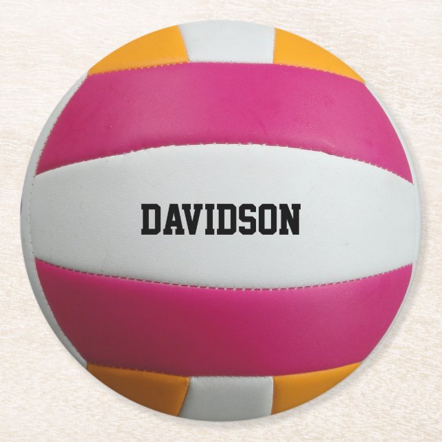 Dessous De Verre Rond Rose, Orange, Volley-ball Blanc (Devant)
