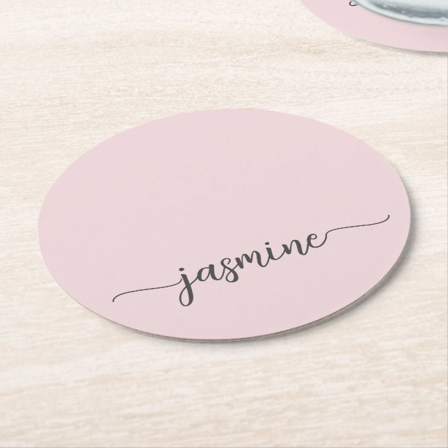 Dessous De Verre Rond Rose Pâle Monogramme Nom Script Chic Signature (Incliné)
