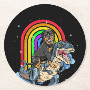 Dessous De Verre Rond Rottweiler équitation Dinosaur T rex arc-en-ciel