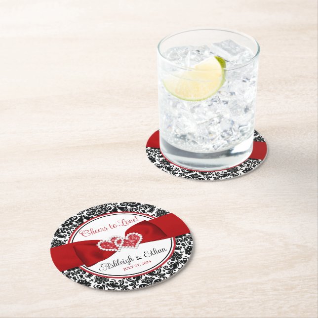 Dessous De Verre Rond Rouge, Noir, Blanc Damas Amour Coeurs Mariage (En situation)