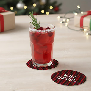 Dessous De Verre Rond Rouge rustique et noir Buffalo plaqué Joyeux Noël
